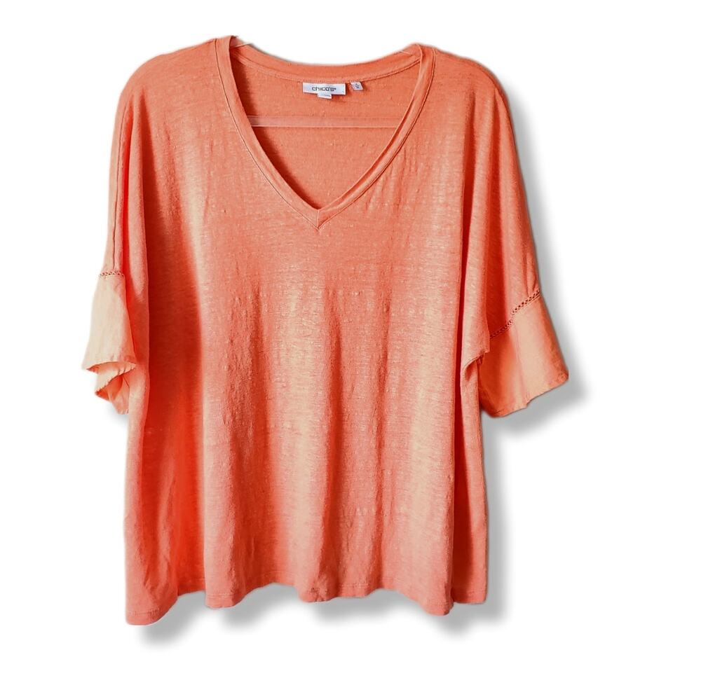 Chicos Women Linen T-shirt Top XL 3 Coastal Casual Career Natural Breezy Summer